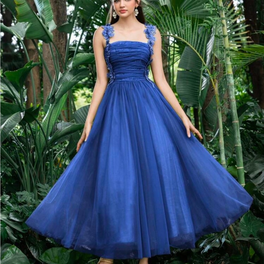 SHEIN Blue Ruched Sleeveless Sundress for Prom